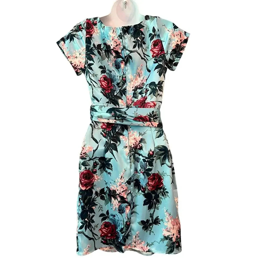 Pinup Couture Rockabilly Retro Ava Faux Wrap Blue Floral Dress Sz Small - Picture 5 of 8
